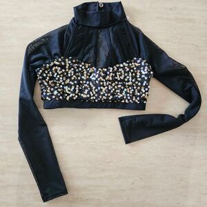 Weissman NWOT child medium half top black mesh with gold sequin costume jazz